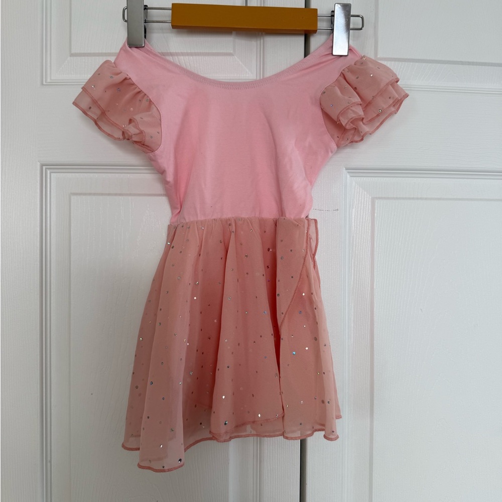 Girls Youth Light Pink  bodysuit dance leotard with Sparkling Tulle Skirt